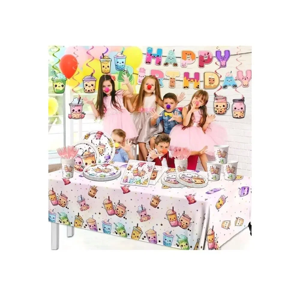 Boba Tea Party Decorations,Bubble Tea Birthday Tableware Set Include Plates Cups